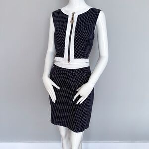 $198 WAGGON PARIS Dark Navy Summer Linen Mini Dress Polka Dot Sleeveless Casual